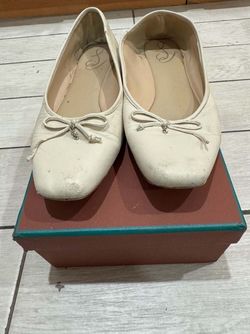 Sam Edelman Ballet Flats Size 10.5 White Leather Bow Square Toe